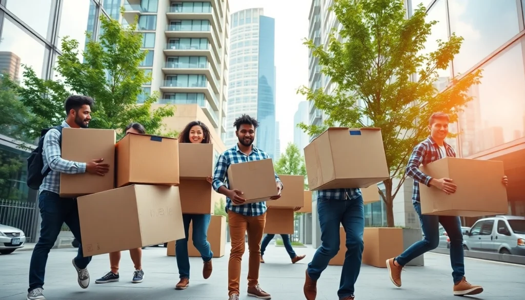 Toronto movers efficiently transporting furniture into a city apartment building under bright natural light.