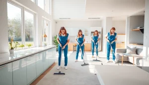Cleaning Service professionals tidying a bright home, showcasing cleanliness and organization in action.