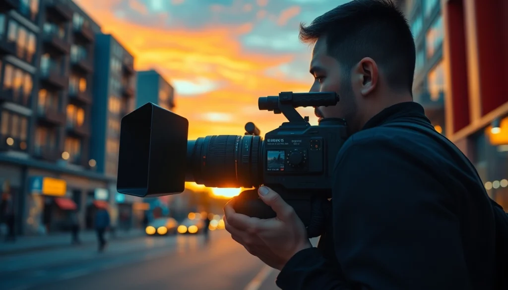 Filmmaker capturing cinematic video production against a stunning urban sunset backdrop.
