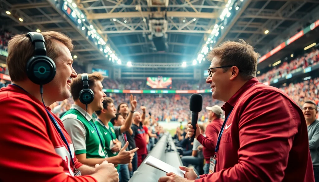 스포츠중계 현장을 생생하게 전달하는 방송장면과 관중의 열기를 담은 사진입니다.