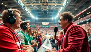 스포츠중계 현장을 생생하게 전달하는 방송장면과 관중의 열기를 담은 사진입니다.