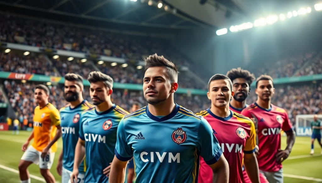 Displaying a vibrant Team kit worn by professional soccer players in an exciting match environment.