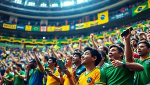 Engaged fans at Brazilian sporting event celebrating best sports betting sites in Brazil.