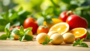 Entdecken Sie die hqd pods, umgeben von frischen Minzblättern und reifen Früchten für ein einladendes Bild.