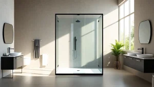 Admire la paroi de douche 150x200 en verre clair, intégrée dans une salle de bain moderne.