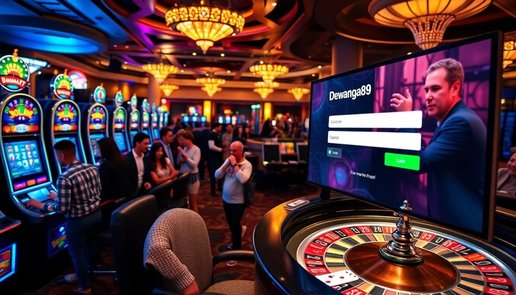 Layar login dewanaga89 dalam adegan kasino berwarna-warni, memikat penjudi di mesin slot.