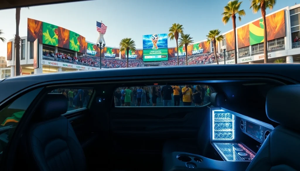 World Cup Group Transportation in a luxurious limousine at a vibrant LA stadium.