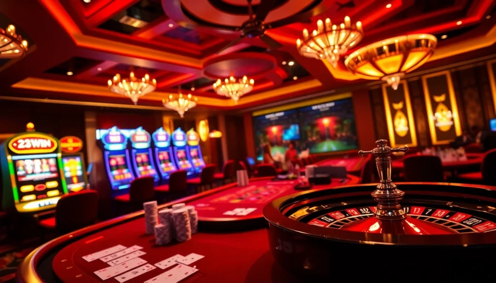 Action-packed gaming scene highlighting nhà cái 23win with chips and cards in play.