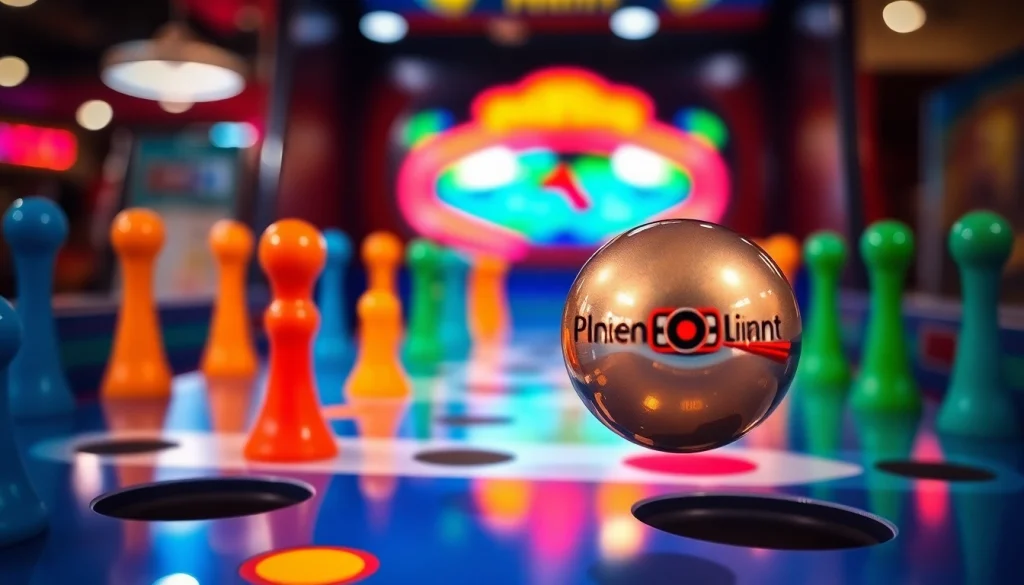 Menjatuhkan bola pada permainan plinko dengan pegs berwarna-warni untuk kemenangan.