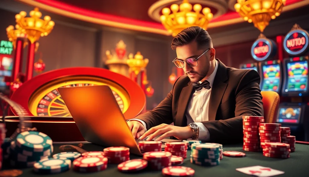 Exciting scene of a player at nhà cái nh88 showcasing poker chips and roulette in a luxurious casino.