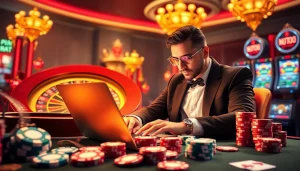 Exciting scene of a player at nhà cái nh88 showcasing poker chips and roulette in a luxurious casino.
