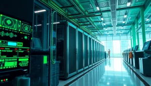 Cloud mining site illustrating advanced technology and renewable energy in a high-tech facility.