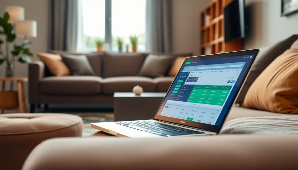 Engaged user navigating top sports betting apps Oklahoma on a laptop in a bright home environment.