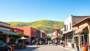 Capture the lively atmosphere of Clarksburg with bustling streets and historic buildings.