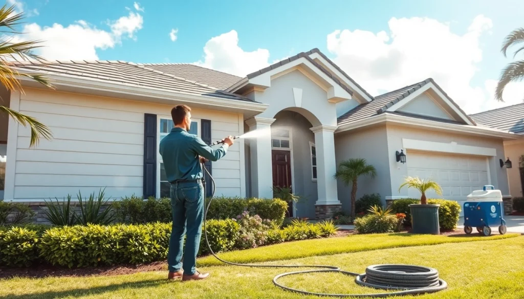 Soft wash cleaning on a home exterior in Kissimmee, showcasing professionals and eco-friendly techniques.
