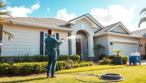 Soft wash cleaning on a home exterior in Kissimmee, showcasing professionals and eco-friendly techniques.