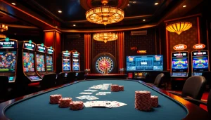 Engage with the excitement of W88 link at a luxurious casino table, featuring poker chips and cards.