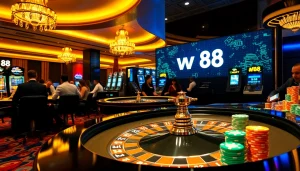 Trải nghiệm cảm giác casino đầy hồi hộp với liên kết truy cập W88 được hiển thị nổi bật trong một không gian sang trọng.