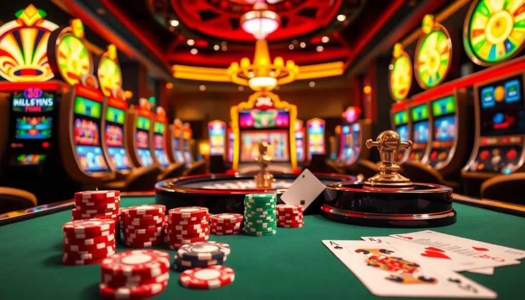 Experience excitement at https://jun88buzz.info/ with a vibrant casino scene featuring tables, slot machines, and winning moments.