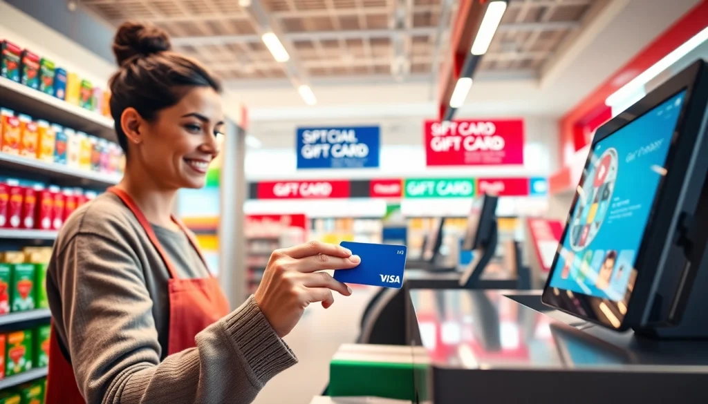 다채로운 소매 공간에서 신용카드로 상품권신용카드를 구매하는 모습.