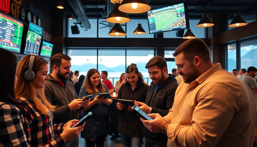 Engaged group enjoying sports betting apps British Columbia in a lively bar atmosphere with screens.
