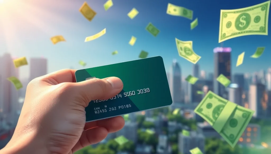 카드깡을 설명하는 손에 신용카드를 들고 현금이 떠다니는 모습