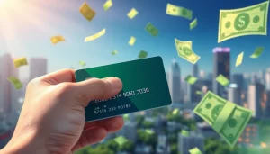 카드깡을 설명하는 손에 신용카드를 들고 현금이 떠다니는 모습
