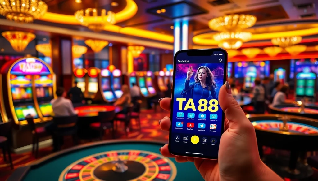 An engaging view of players using the TA88 app for seamless online gambling in a vibrant casino setting.