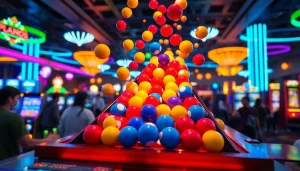 Permainan plink slot yang menarik dengan bola berwarna-warni jatuh dari papan berbentuk piramida.