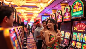 Excited players at a lively casino engaging with colorful slot hoki machines, evoking thrill and anticipation.