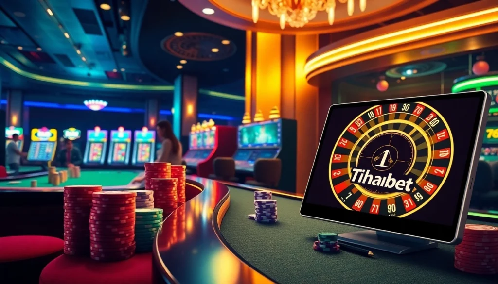 Engaging gamblers at https://thabet.vegas/ in a luxurious casino scene featuring vibrant gaming tables and exciting action.