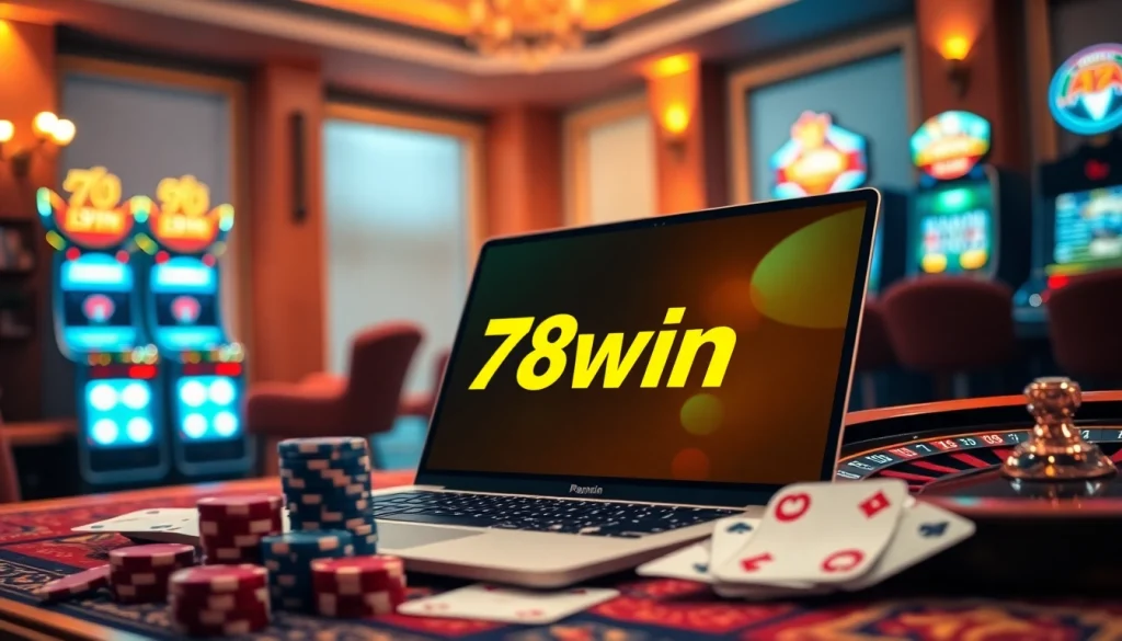Engage with 78win's ultimate online casino experience featuring poker chips and a roulette wheel.
