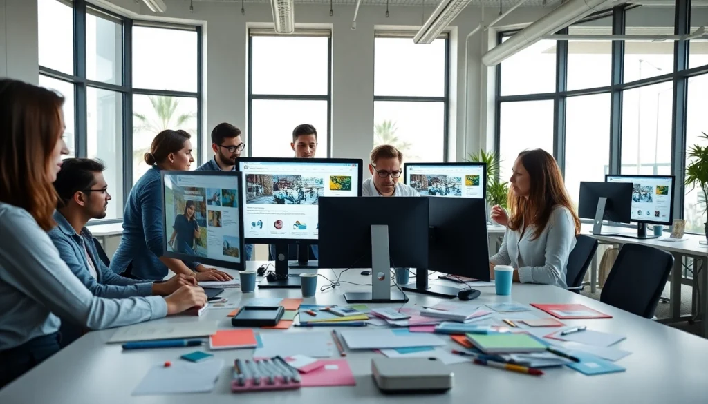 Professional team collaborating on thiết kế website theo yêu cầu in a modern office.