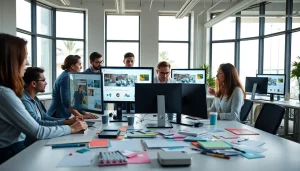Professional team collaborating on thiết kế website theo yêu cầu in a modern office.