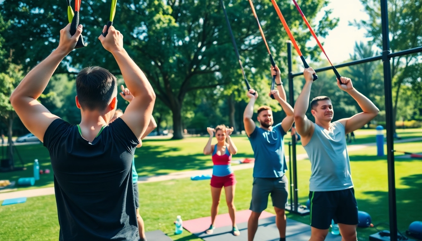 Individuals using resistance bands for pull-ups in an outdoor fitness setting, showcasing strength and teamwork.