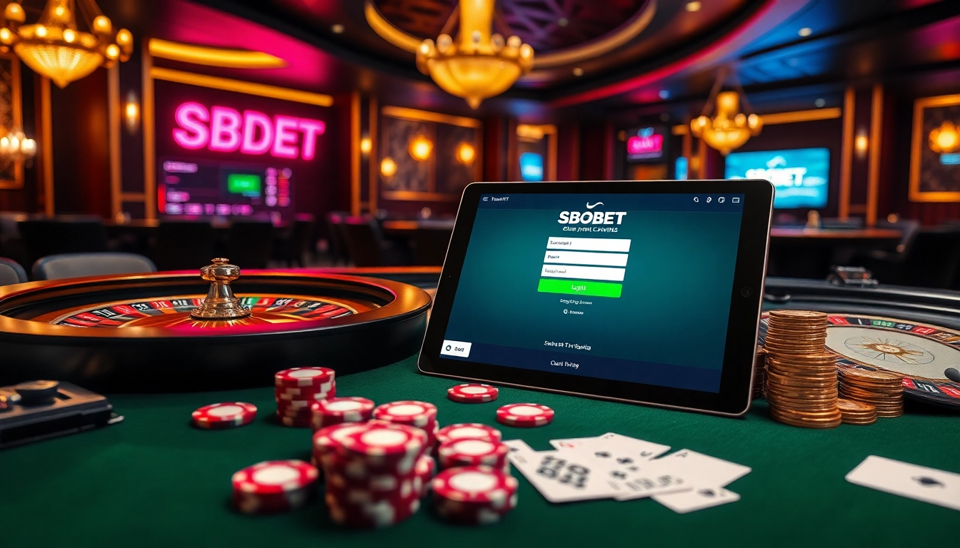 Exciting SBOBET login interface at a luxurious casino, showcasing poker chips and betting slips.