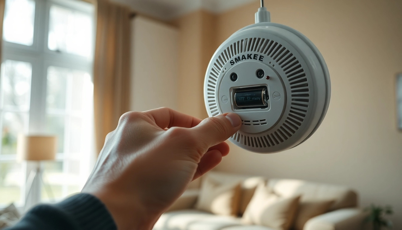 Replace a smoke detector battery in a cozy home setting during natural light.