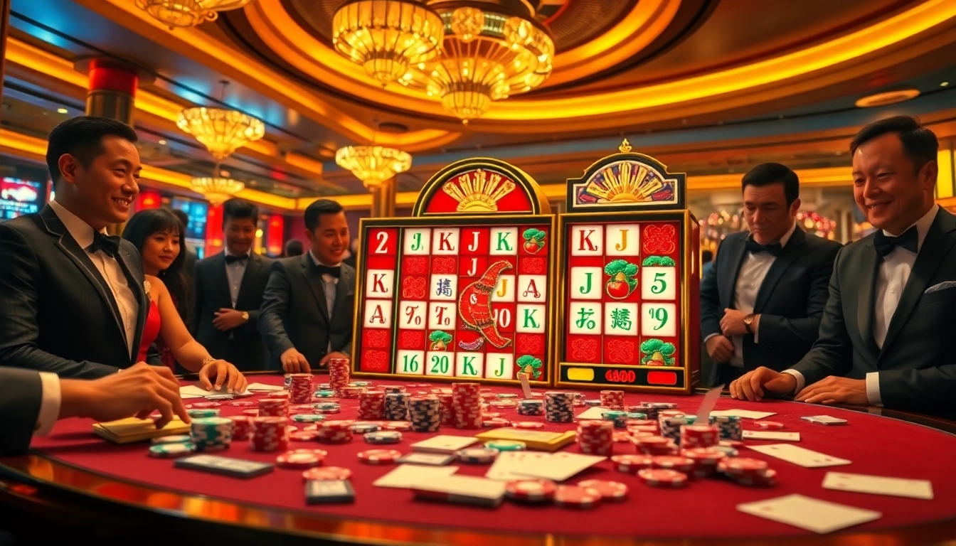 Pemain yang terlibat merasakan pengalaman slot demo Mahjong yang mendebarkan di kasino mewah.