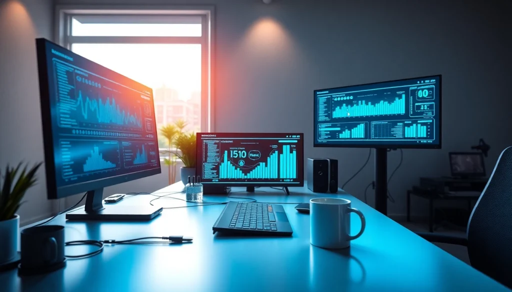 Cybersecurity AI workspace with advanced data analytics and modern tech elements.