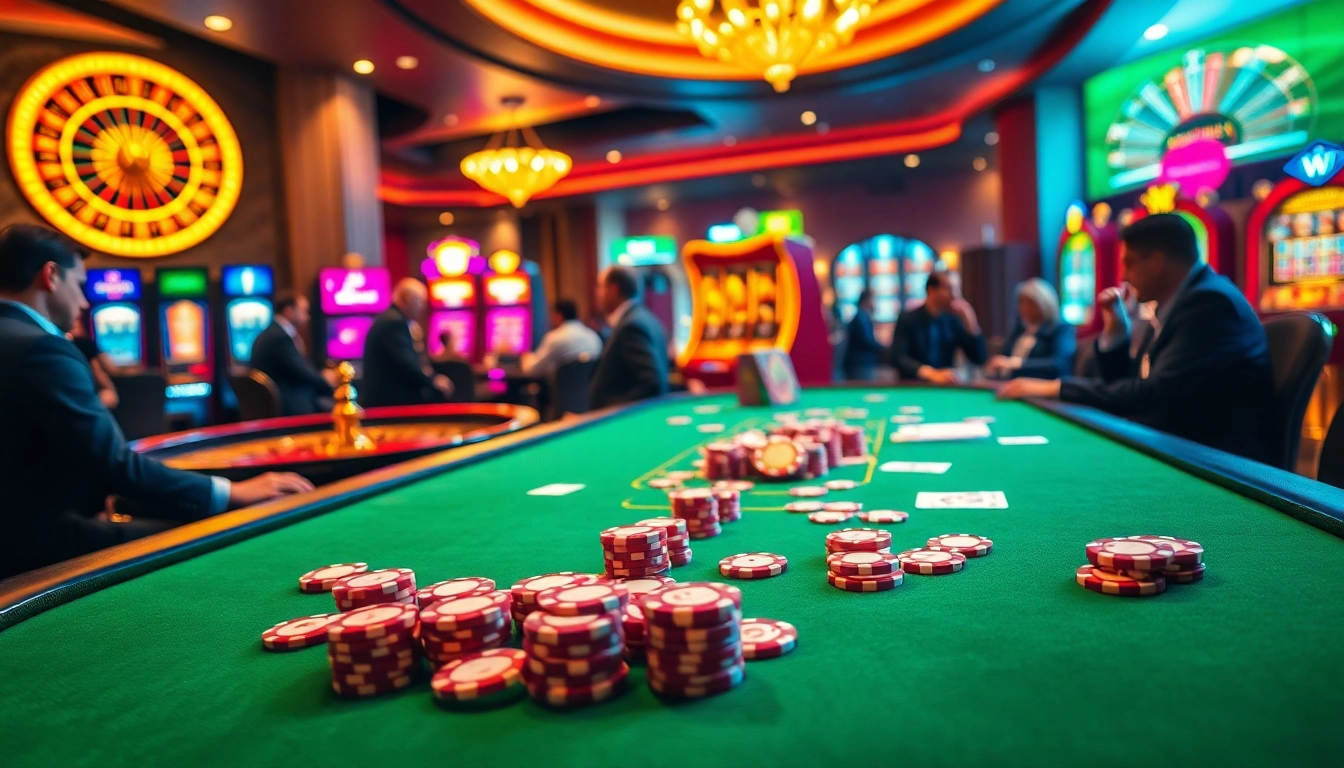 Suasana kasino yang memikat dengan chip poker berwarna-warni melambangkan kegembiraan dan kemewahan Datuk Win.