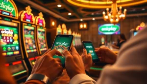 Experience the thrill of onicplay with vibrant slot machines and players enjoying online games.