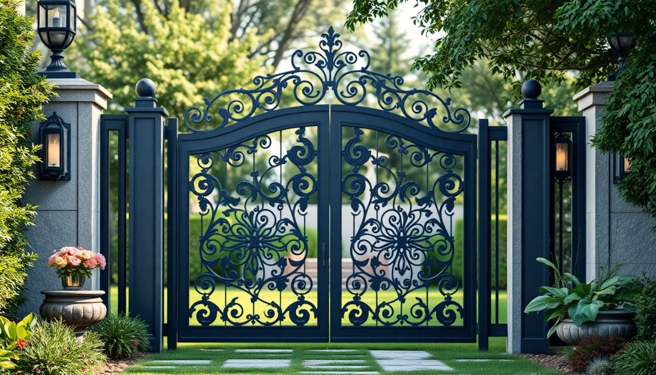 Showcase custom steel gates beautifully crafted for elegance and durability in a garden setting.
