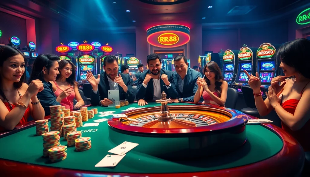 Players enjoying a thrilling game at RR88 casino table filled with poker chips and cards.