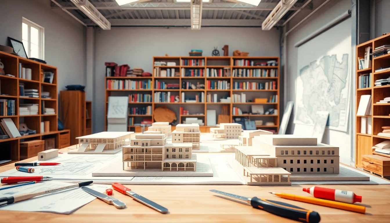 Architekturmodellbau Mainz: Detaillierte Modellbau-Szene in einer gut beleuchteten Werkstatt.
