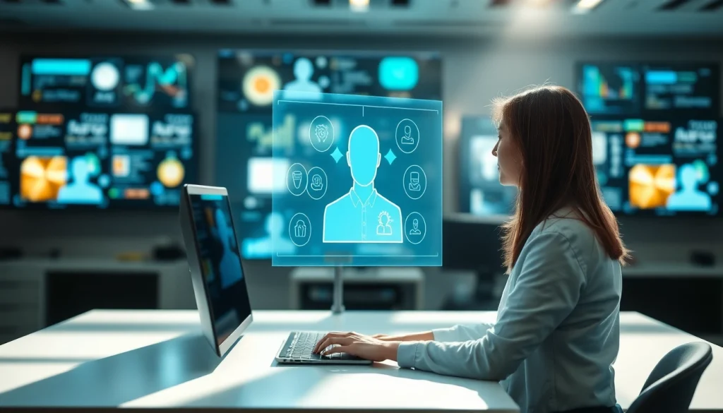 Experience seamless interaction through the Human Interface with AI in a vibrant tech environment.