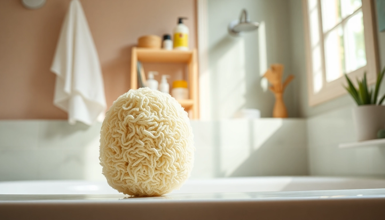 Best back loofah for dry skin enhancing glowing skin in a serene bathroom setting.