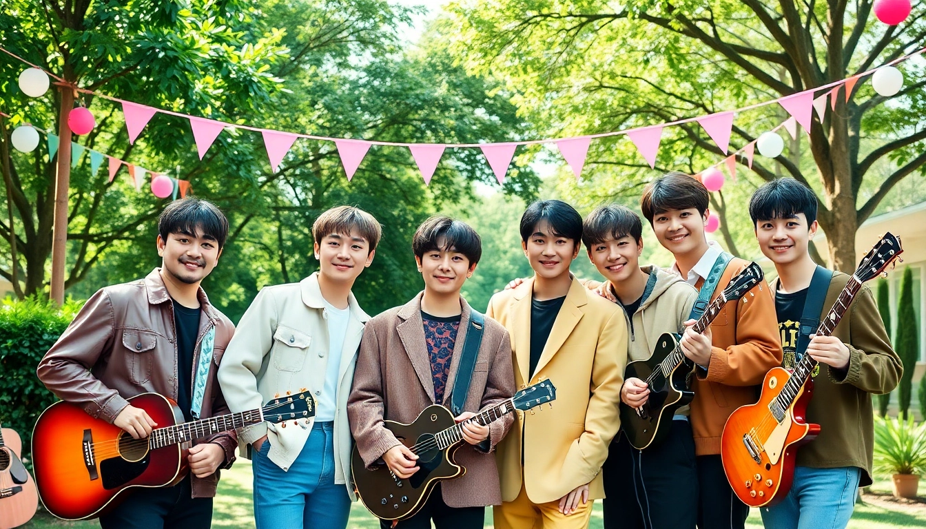 BTS members smiling together in vibrant outdoor setting, exuding friendship and energy.