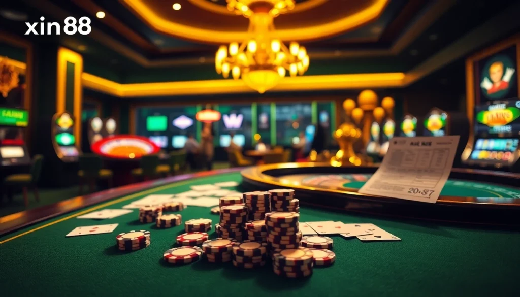 Experience thrilling moments at xin88 with a luxurious casino atmosphere featuring poker chips and roulette.