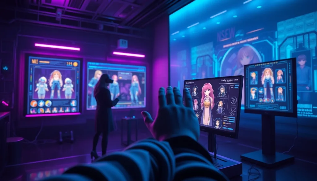 Interactive interface showcasing nsfw character ai customization in a futuristic setting.