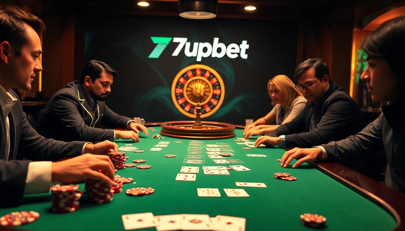 Players strategize at a luxurious poker table representing 7upbet, surrounded by chips and cards.